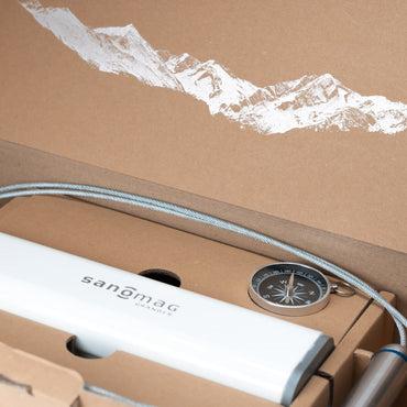 Sanomag product with a compass on a cardboard background