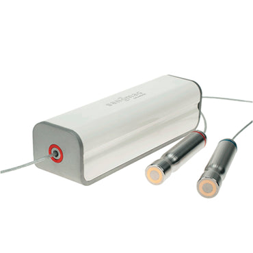 White electronic Sanomag device with two probes on a white background