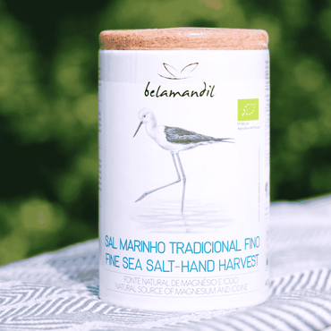 Sea salt container on a natural background