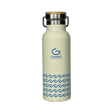 Beige water bottle with blue wave pattern and Grander logo on a white background