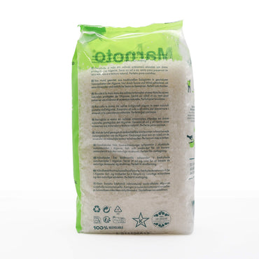 Bag of coarse Atlantic sea salt with green and white label on a white background