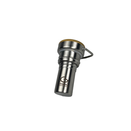 Metallic container with a hook on a white background