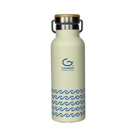 Beige water bottle with blue wave pattern and Grander logo on a white background
