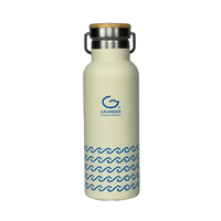 Beige water bottle with blue wave pattern and Grander logo on a white background