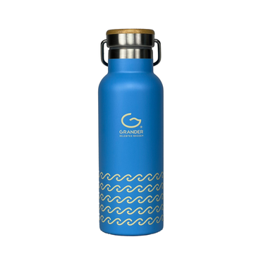 Blue water bottle with wave pattern and Grander logo on a white background