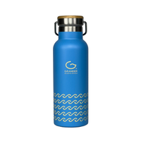 Blue water bottle with wave pattern and Grander logo on a white background
