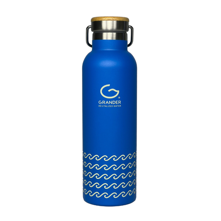 Blue water bottle with wave design and Grander logo on a white background