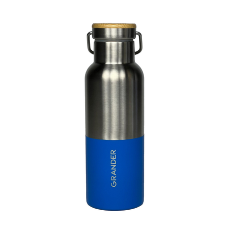 Blue and silver insulated bottle with wooden cap on a white background