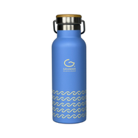 Blue water bottle with wavy pattern and Grander logo on a white background