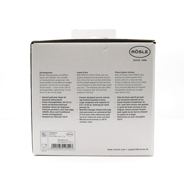 Back of a Rösle lemon press packaging with text and branding.