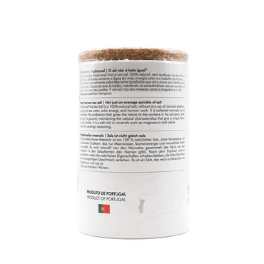 Container of salt with text on a white background