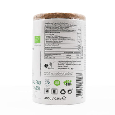 Back view of a salt container with label and branding on a white background