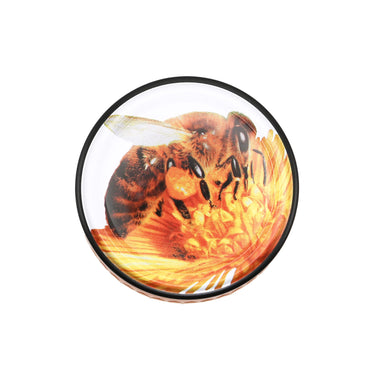 Lid of honey with a bee design on a white background
